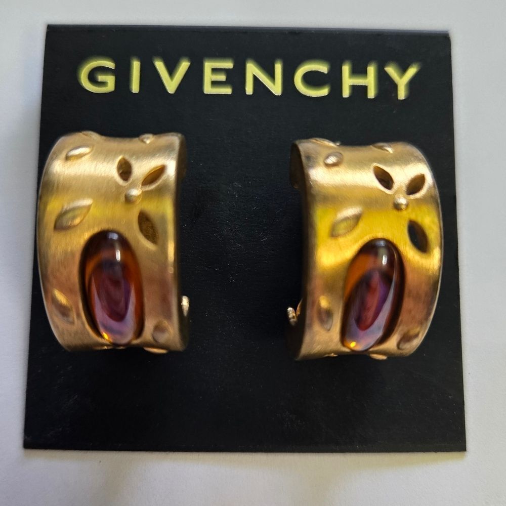 🐢 Givenchy Satin Gold And Amber Half Loop Clip On Earrings